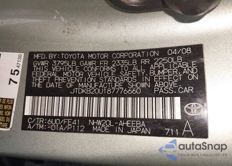 2008 Toyota Prius from USA, damaged, VIN JTDKB20U187776660